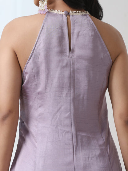 Dhiyona ST Women’s Lilac Suit Set with Palazzo | 2 Pc Set, A-Line, Swiss Embroidery on Kurta, Festive Wear, Casual (PRF'T Lux Duchess Satin Fabric)