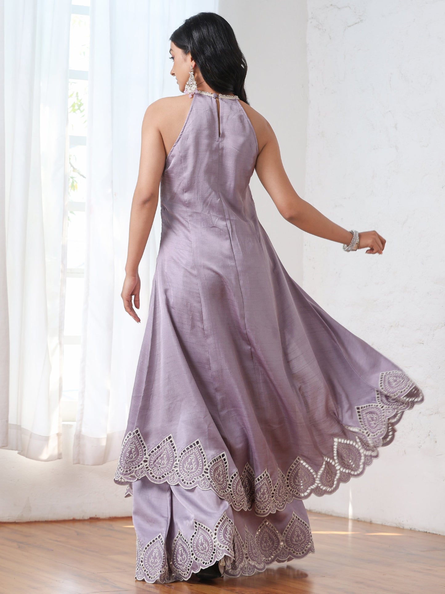 Dhiyona ST Women’s Lilac Suit Set with Palazzo | 2 Pc Set, A-Line, Swiss Embroidery on Kurta, Festive Wear, Casual (PRF'T Lux Duchess Satin Fabric)