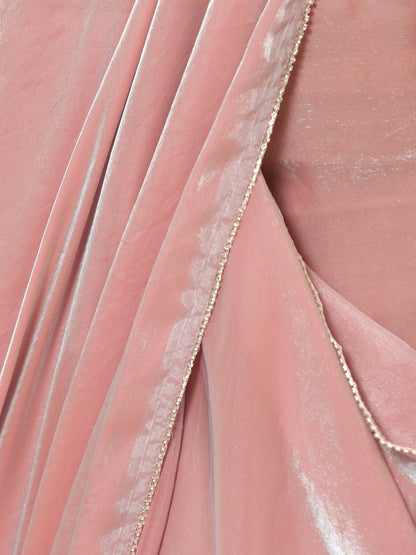 Dhiyona ST Pink Blue Metallic Satin Saree with Lace and Self Blouse Fabric