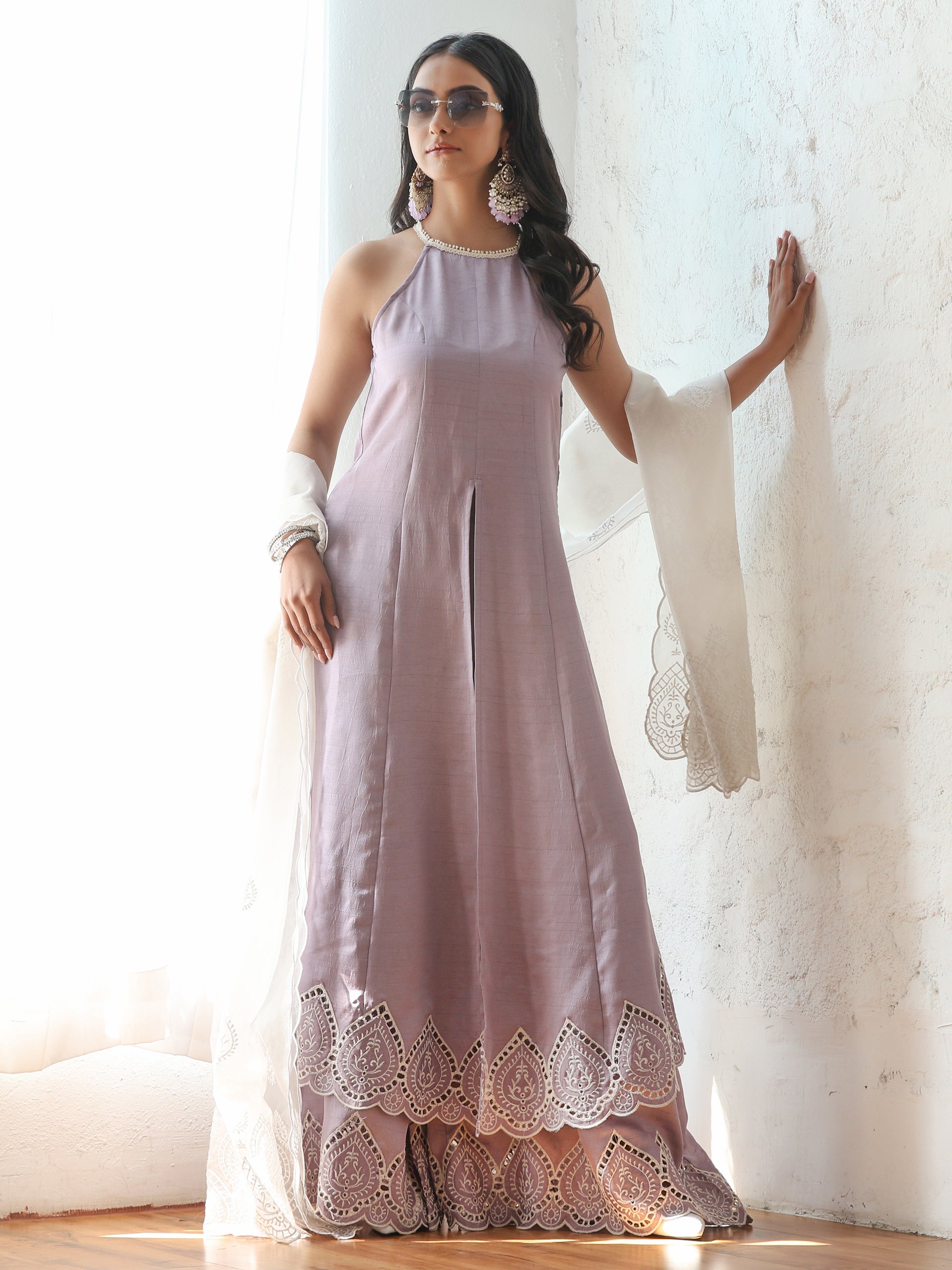 Dhiyona ST Women’s Lilac Suit Set with Palazzo | 2 Pc Set, A-Line, Swiss Embroidery on Kurta, Festive Wear, Casual (PRF'T Lux Duchess Satin Fabric)