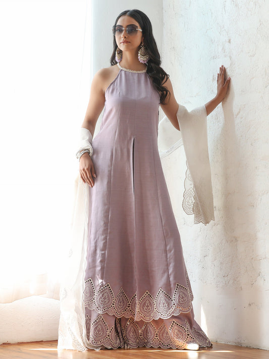 Dhiyona ST Women’s Lilac Suit Set with Palazzo | 2 Pc Set, A-Line, Swiss Embroidery on Kurta, Festive Wear, Casual (PRF'T Lux Duchess Satin Fabric)