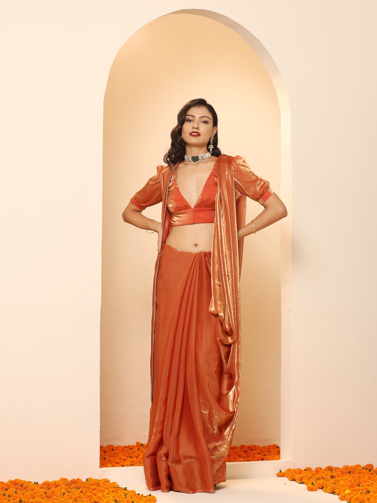 Dhiyona ST Copper Age Metallic Satin Saree with Blouse Fabric