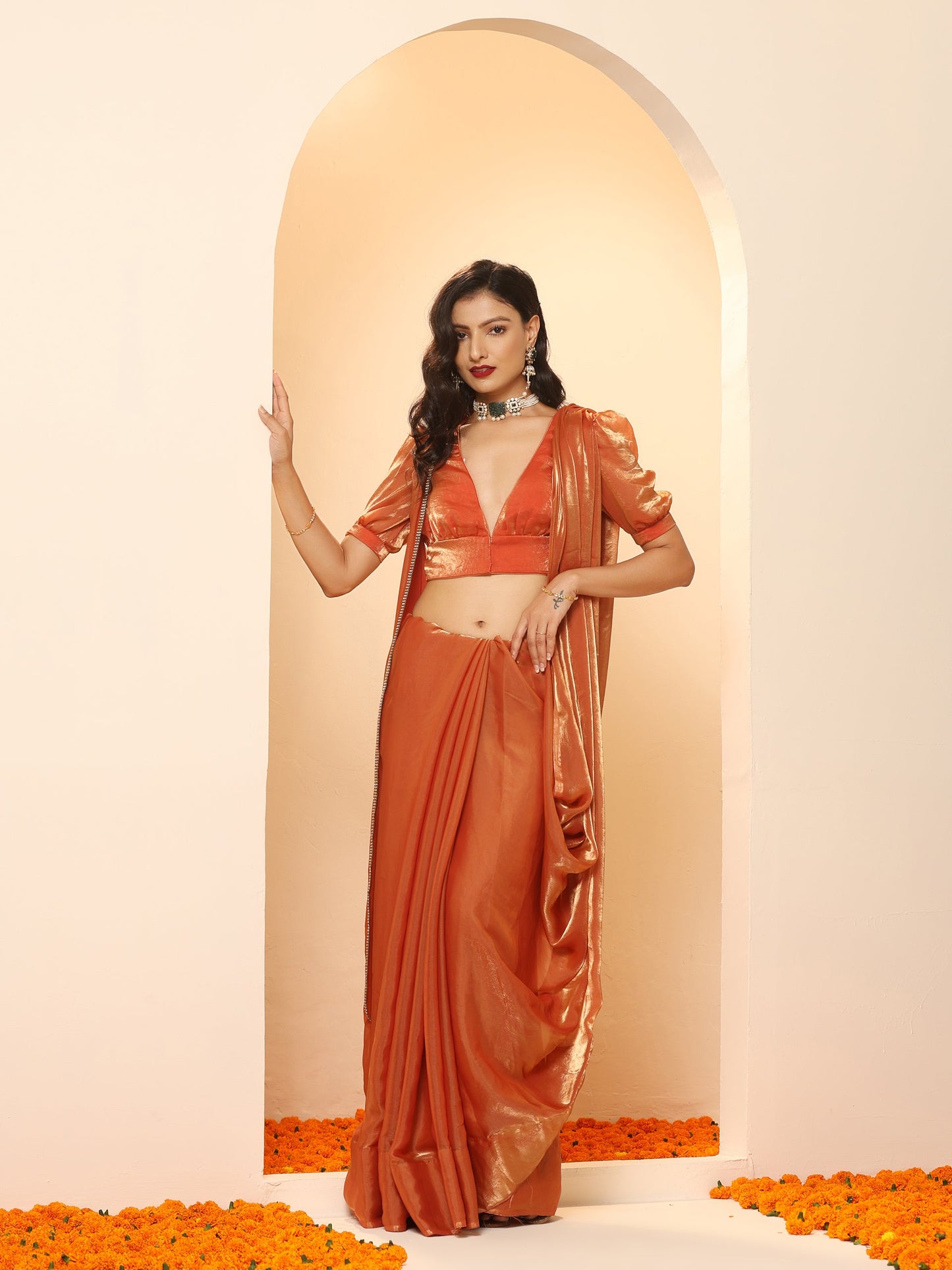 Dhiyona ST Copper Age Metallic Satin Saree with Blouse Fabric