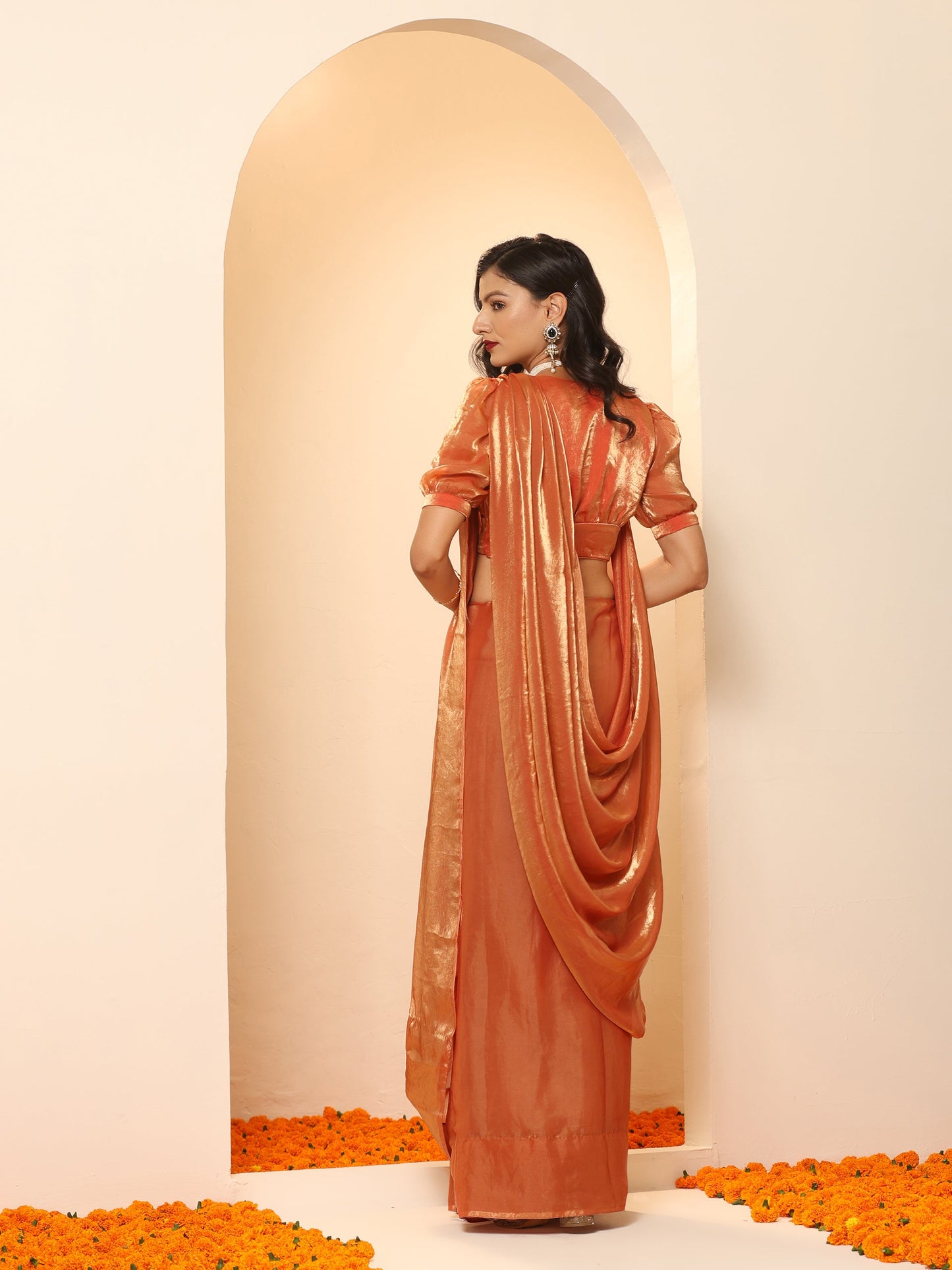 Dhiyona ST Copper Age Metallic Satin Saree with Blouse Fabric
