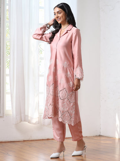 Dhiyona ST Women’s Pink Collar Suit Set with Pant | 2 Pc Set, Collar Design, Schiffli Embroidery, Full Sleeves, Work Wear, Casual (PRF'T Lux Duchess Satin Fabric)