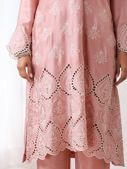 Dhiyona ST Women’s Pink Collar Suit Set with Pant | 2 Pc Set, Collar Design, Schiffli Embroidery, Full Sleeves, Work Wear, Casual (PRF'T Lux Duchess Satin Fabric)