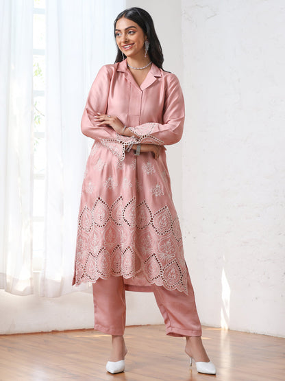 Dhiyona ST Women’s Pink Collar Suit Set with Pant | 2 Pc Set, Collar Design, Schiffli Embroidery, Full Sleeves, Work Wear, Casual (PRF'T Lux Duchess Satin Fabric)