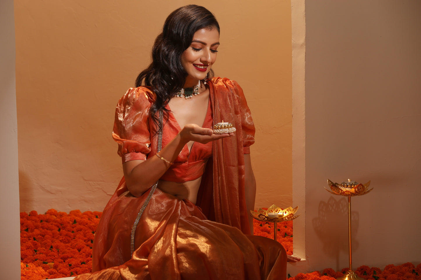 Dhiyona ST Copper Age Metallic Satin Saree with Blouse Fabric