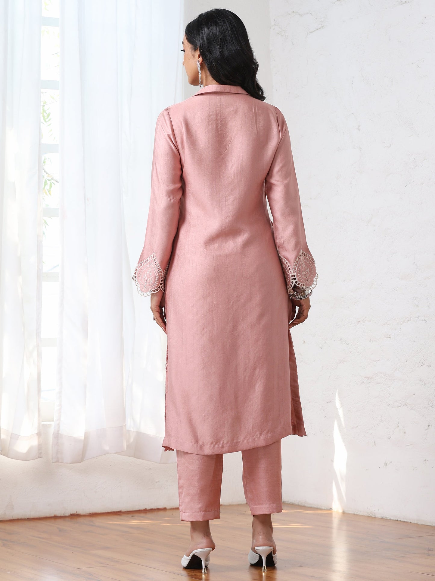 Dhiyona ST Women’s Pink Collar Suit Set with Pant | 2 Pc Set, Collar Design, Schiffli Embroidery, Full Sleeves, Work Wear, Casual (PRF'T Lux Duchess Satin Fabric)