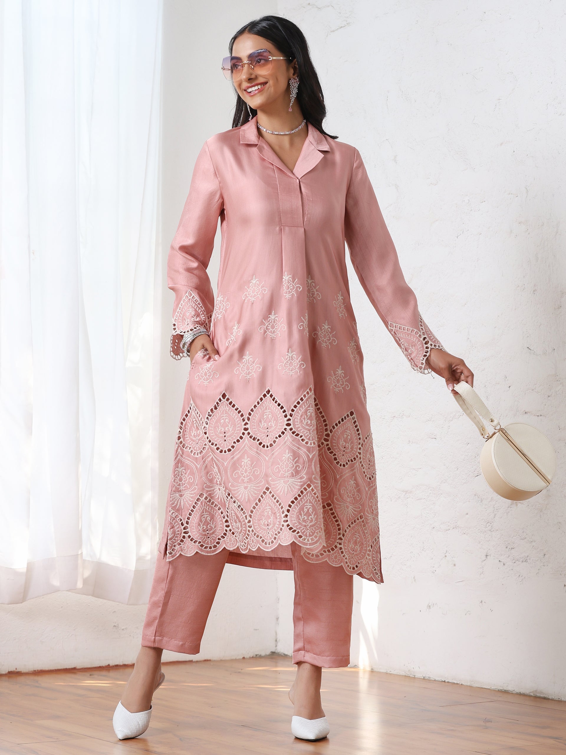 Dhiyona ST Women’s Pink Collar Suit Set with Pant | 2 Pc Set, Collar Design, Schiffli Embroidery, Full Sleeves, Work Wear, Casual (PRF'T Lux Duchess Satin Fabric)