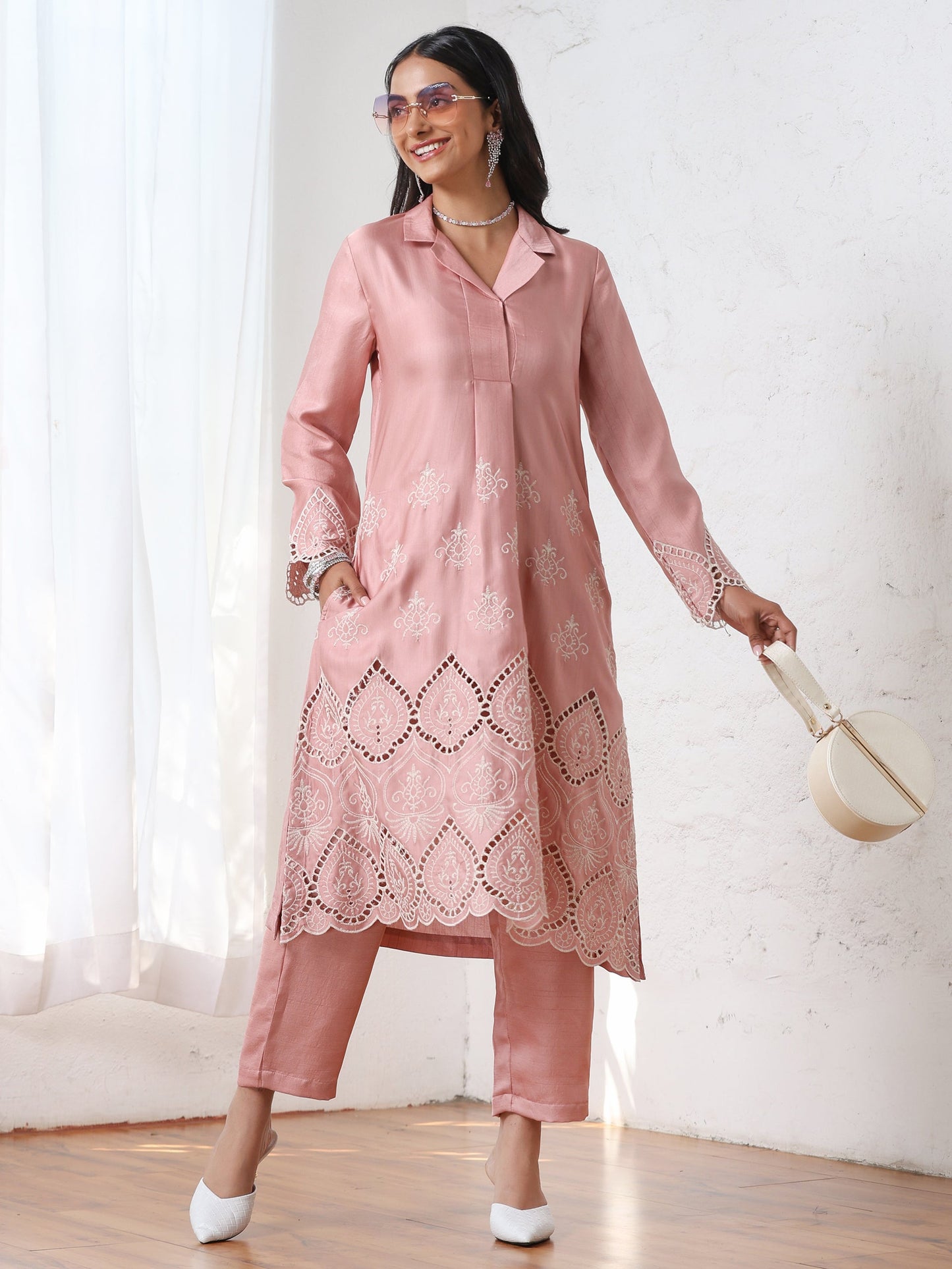 Dhiyona ST Women’s Pink Collar Suit Set with Pant | 2 Pc Set, Collar Design, Schiffli Embroidery, Full Sleeves, Work Wear, Casual (PRF'T Lux Duchess Satin Fabric)