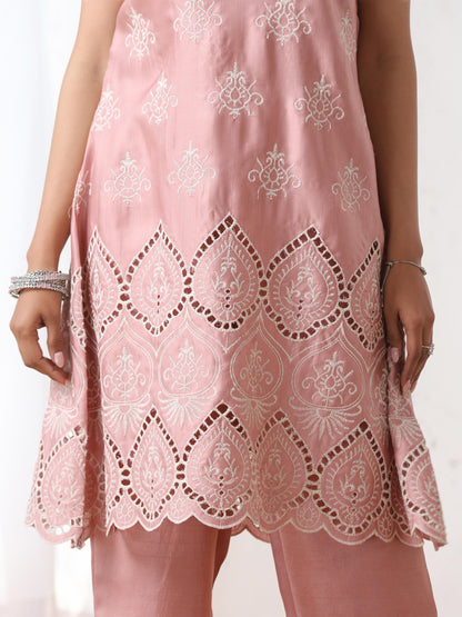 Dhiyona ST Women’s Pink Suit Set with Pant | 2 Pc Set, A-Line, Schiffli Embroidery on Kurta, Sleeveless Work Wear, Casual (PRF'T Lux Duchess Satin Fabric)