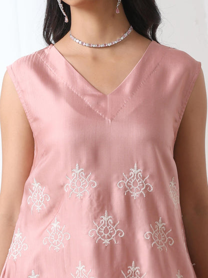 Dhiyona ST Women’s Pink Suit Set with Pant | 2 Pc Set, A-Line, Schiffli Embroidery on Kurta, Sleeveless Work Wear, Casual (PRF'T Lux Duchess Satin Fabric)