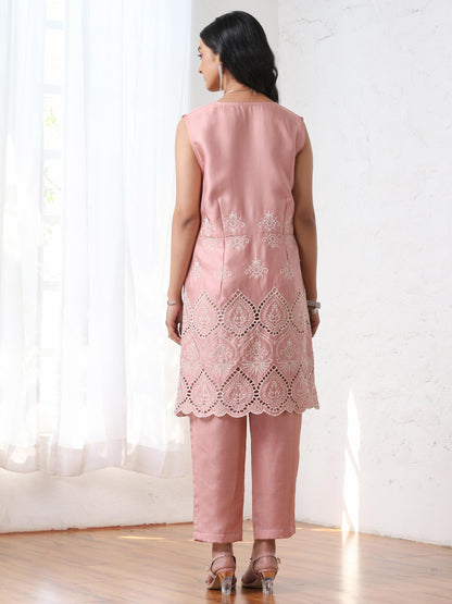 Dhiyona ST Women’s Pink Suit Set with Pant | 2 Pc Set, A-Line, Schiffli Embroidery on Kurta, Sleeveless Work Wear, Casual (PRF'T Lux Duchess Satin Fabric)