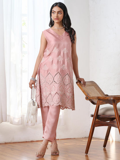 Dhiyona ST Women’s Pink Suit Set with Pant | 2 Pc Set, A-Line, Schiffli Embroidery on Kurta, Sleeveless Work Wear, Casual (PRF'T Lux Duchess Satin Fabric)