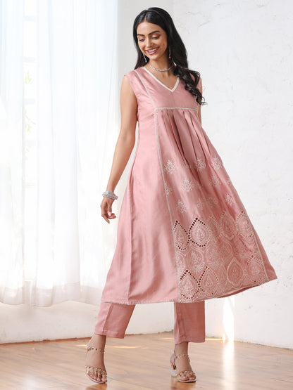 Dhiyona ST Women’s Pink Suit Set with Pant | 2 Pc Set, A-Line, Schiffli Embroidery on Front Panel, Sleeveless, Work Wear, Casual (PRF'T Lux Duchess Satin Fabric)