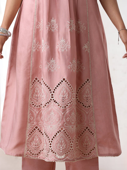 Dhiyona ST Women’s Pink Suit Set with Pant | 2 Pc Set, A-Line, Schiffli Embroidery on Front Panel, Sleeveless, Work Wear, Casual (PRF'T Lux Duchess Satin Fabric)