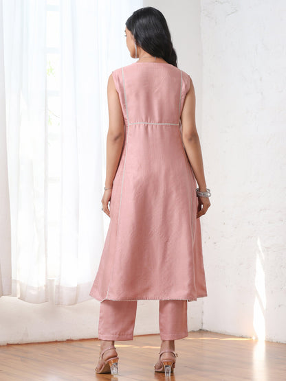 Dhiyona ST Women’s Pink Suit Set with Pant | 2 Pc Set, A-Line, Schiffli Embroidery on Front Panel, Sleeveless, Work Wear, Casual (PRF'T Lux Duchess Satin Fabric)