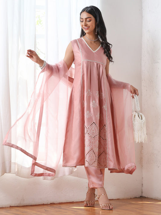 Dhiyona ST Women’s Pink Suit Set with Pant | 2 Pc Set, A-Line, Schiffli Embroidery on Front Panel, Sleeveless, Work Wear, Casual (PRF'T Lux Duchess Satin Fabric)