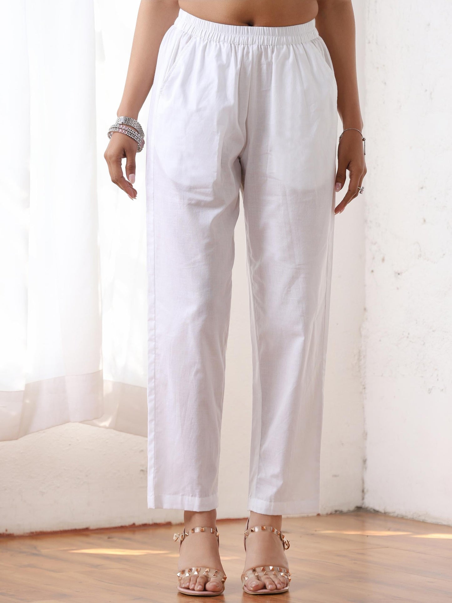 Dhiyona ST Women’s Blue Suit Set with White Pant | 2 Pc Set, A-Line, Allover Schiffli Embroidery, Sleeveless, Work Wear, Casual Wear (PRF'T Lux Duchess Satin Fabric)