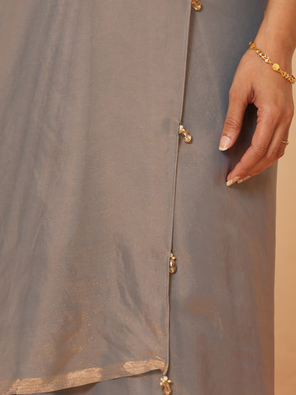 Dhiyona ST Copper Grey Metallic Satin Saree with Beads with Blouse Fabric