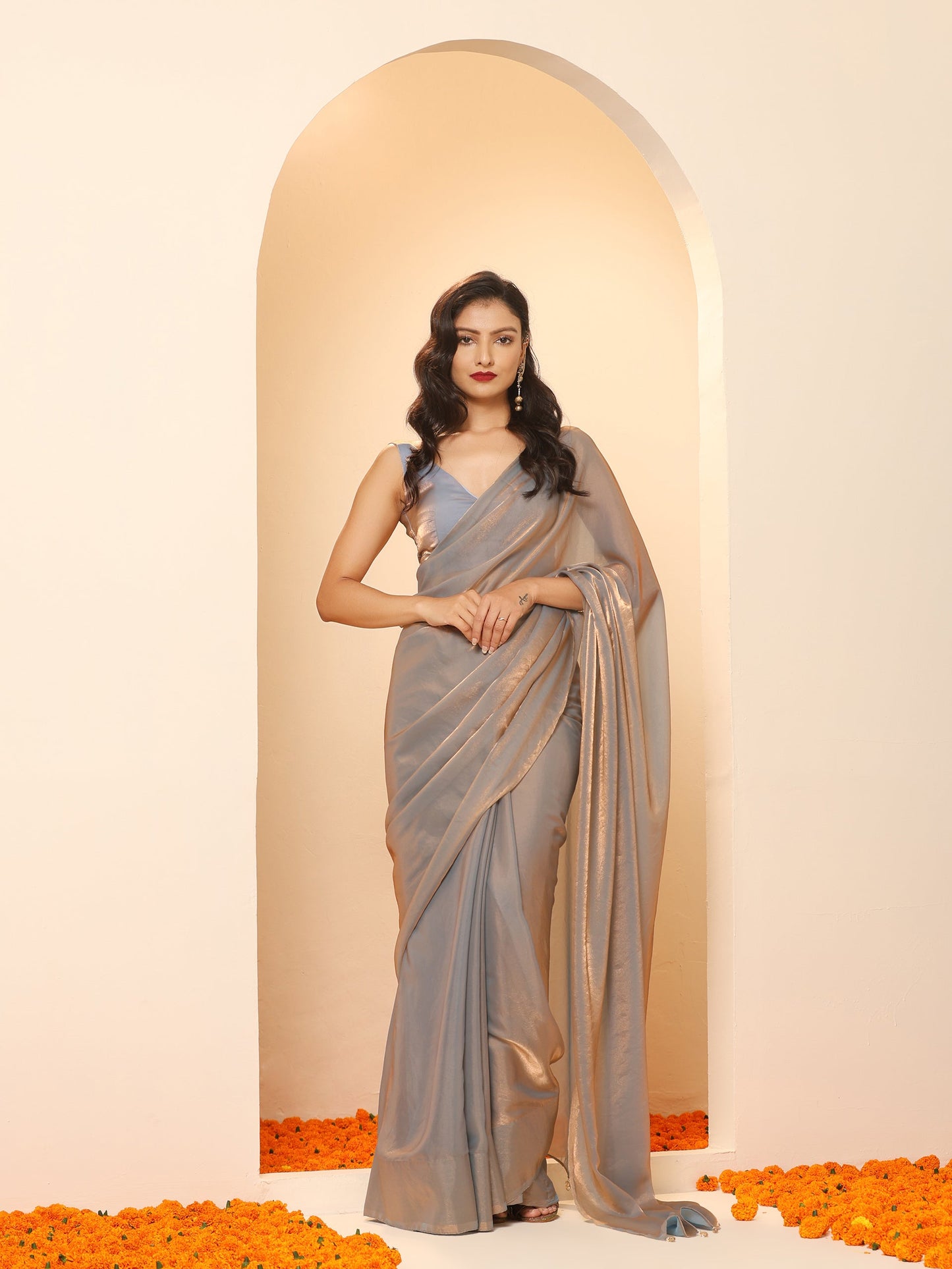Dhiyona ST Copper Grey Metallic Satin Saree with Beads with Blouse Fabric