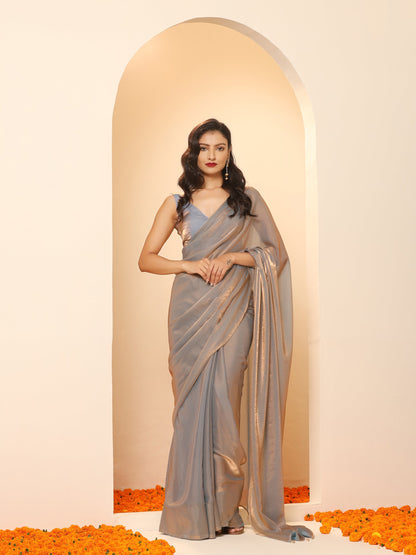 Dhiyona ST Copper Grey Metallic Satin Saree with Beads with Blouse Fabric