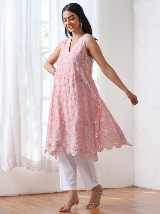 Dhiyona ST Women’s Pink Suit Set with White Pant | 2 Pc Set, A-Line, Allover Schiffli Embroidery, Sleeveless, Work Wear, Casual (PRF'T Lux Duchess Satin Fabric)