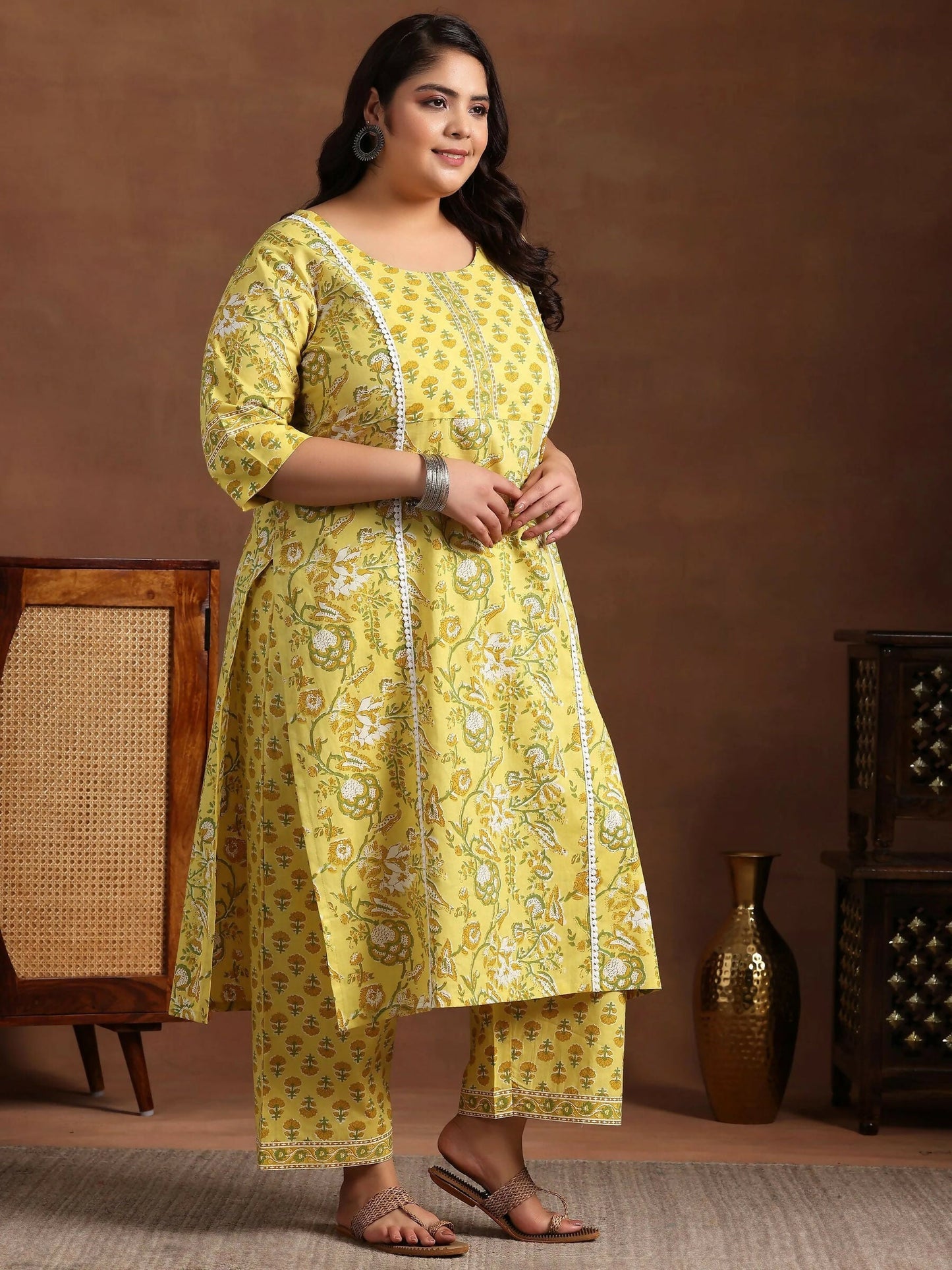 Women's LB Plus Size Yellow Printed Cotton Straight Suit With Dupatta