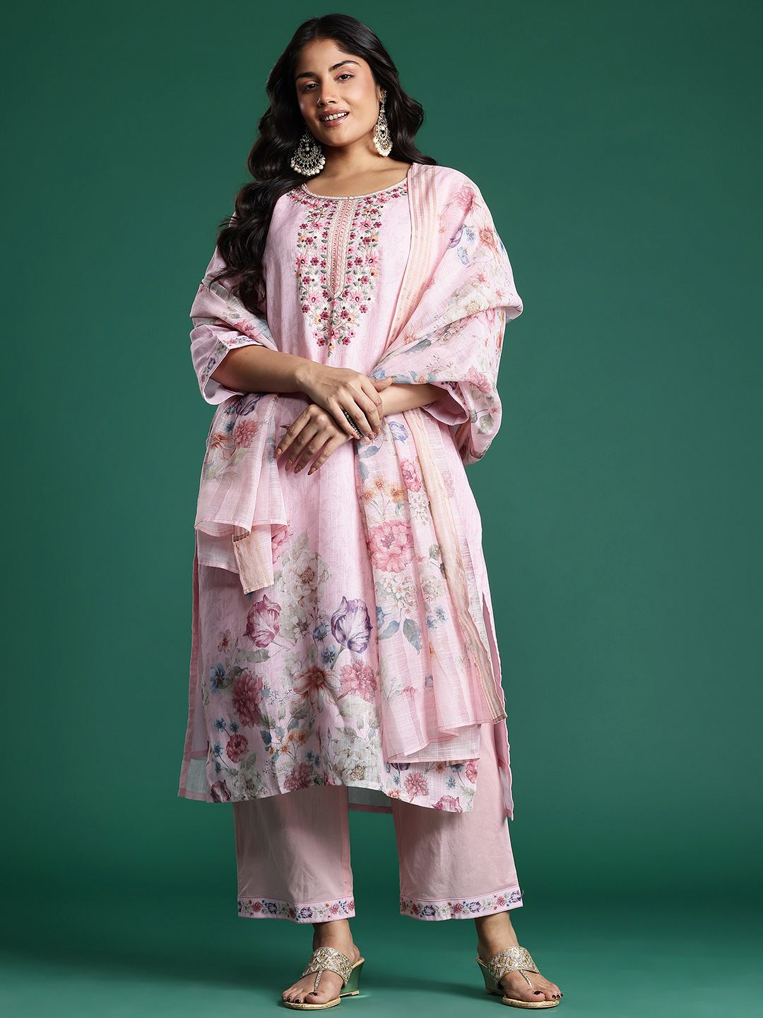 Dhiyona Women's Plus Size Floral Print Thread Work Kurta with Palazzos & Dupatta