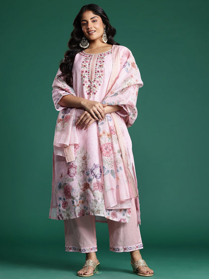 Dhiyona Women's Plus Size Floral Print Thread Work Kurta with Palazzos & Dupatta