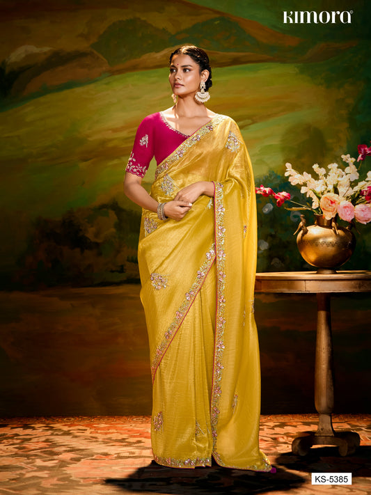Dhiyona KM Women Sunshine Elegance: Yellow Silk Saree With Red Blouse & Colorful Embroidery
