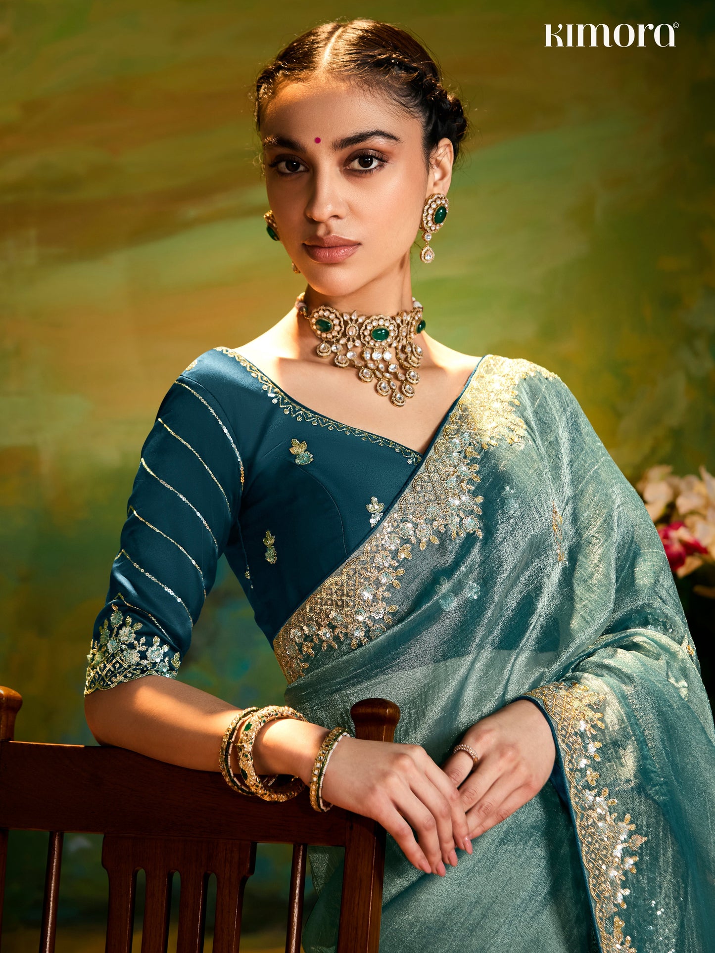 Dhiyona KM Women Dark Green Fancy Embroidery Saree With Handwork
