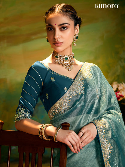 Dhiyona KM Women Dark Green Fancy Embroidery Saree With Handwork