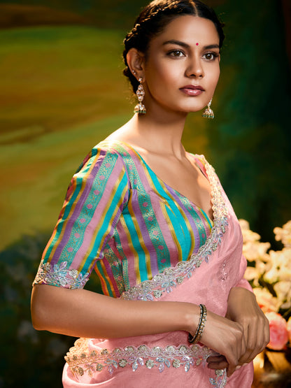 Dhiyona KM Women Embroidery Designer Peach Fancy Wedding Saree With Multi-Color Silk Blouse