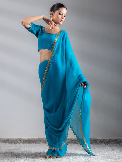 Dhiyona ST Turquoise Sequin Georgette Saree with Blouse Fabric