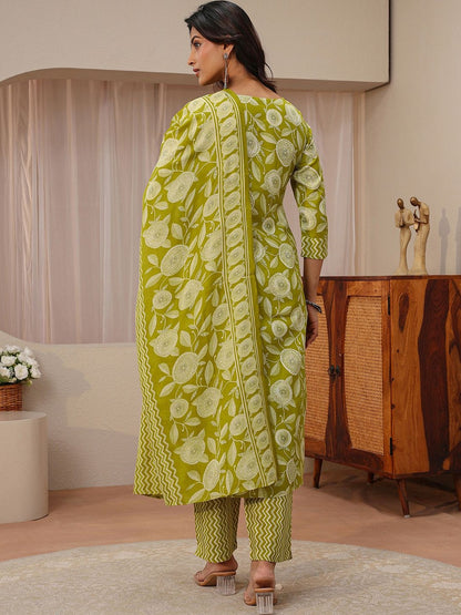 Libas Green Floral Printed Straight Suit Set