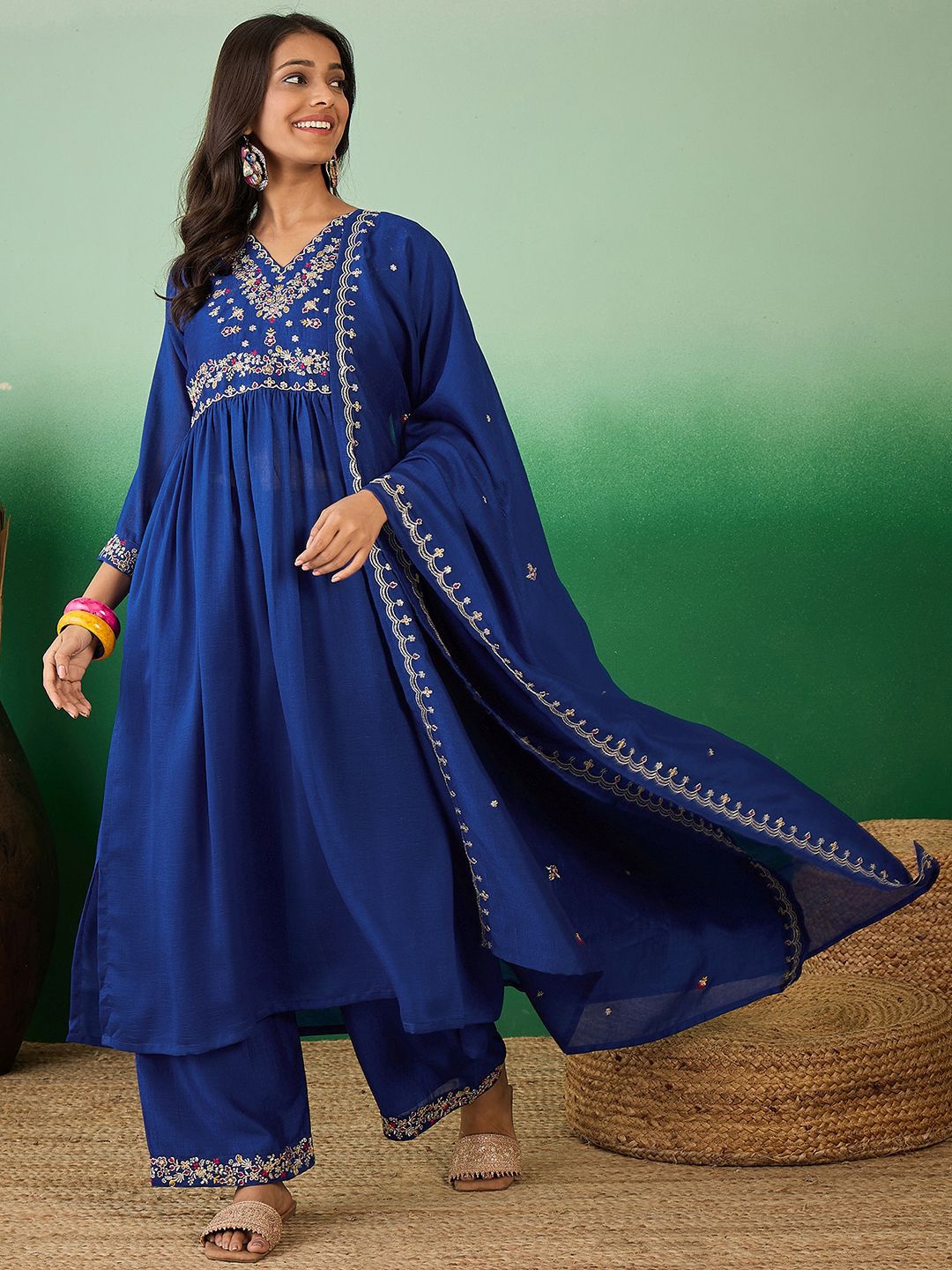 Dhiyona SN Women Floral Embroidered Kurta with Palazzo & Dupatta
