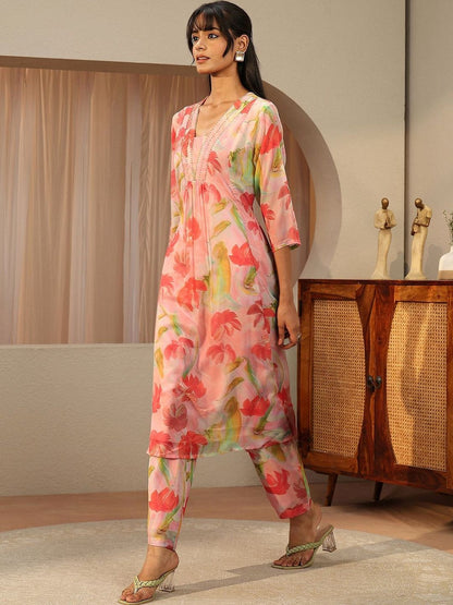 Peach Pink Floral Printed Chiffon A-line Kurta Set
