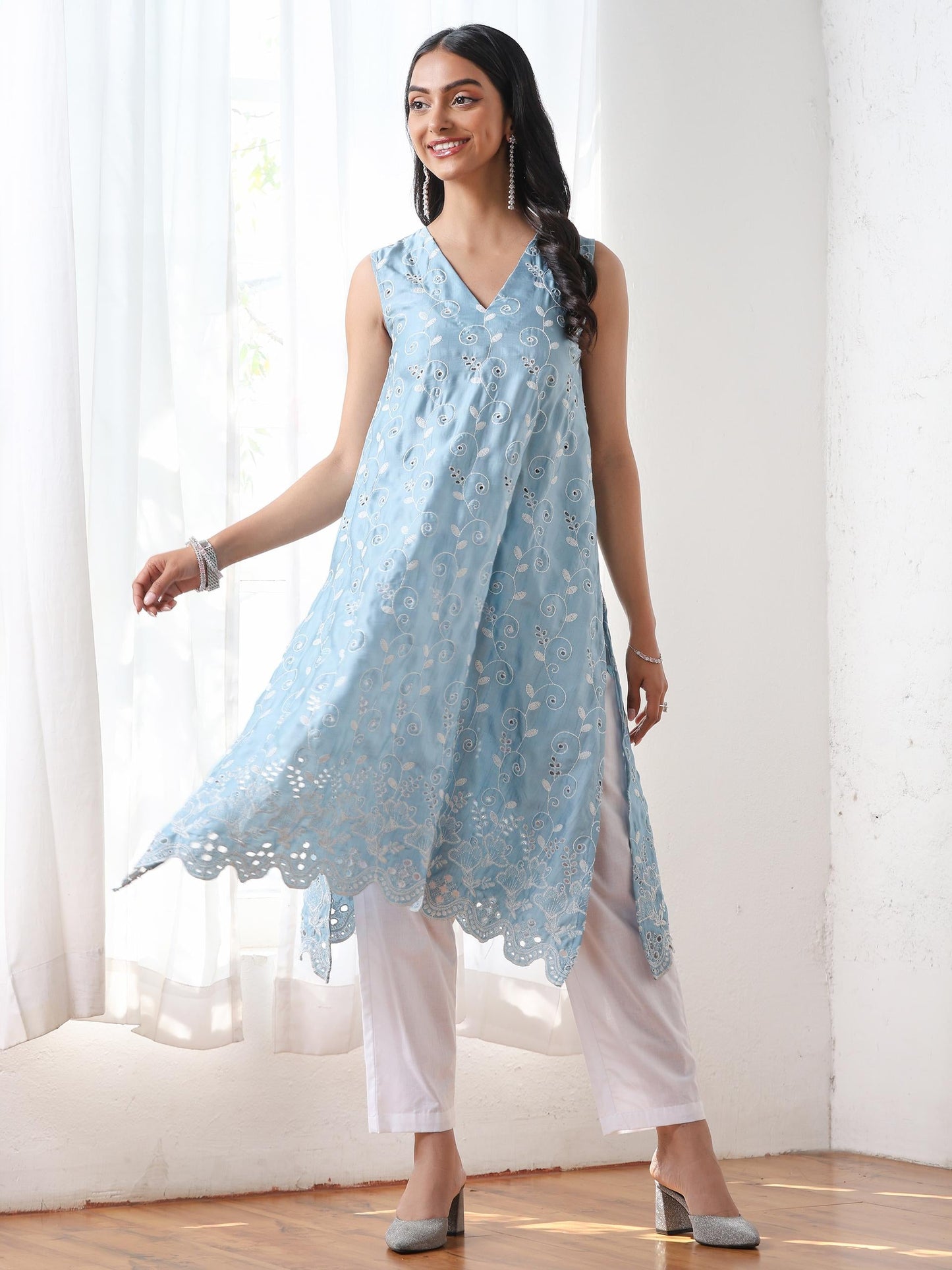 Dhiyona ST Women’s Blue Suit Set with White Pant | 2 Pc Set, A-Line, Allover Schiffli Embroidery, Sleeveless, Work Wear, Casual Wear (PRF'T Lux Duchess Satin Fabric)
