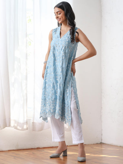 Dhiyona ST Women’s Blue Suit Set with White Pant | 2 Pc Set, A-Line, Allover Schiffli Embroidery, Sleeveless, Work Wear, Casual Wear (PRF'T Lux Duchess Satin Fabric)