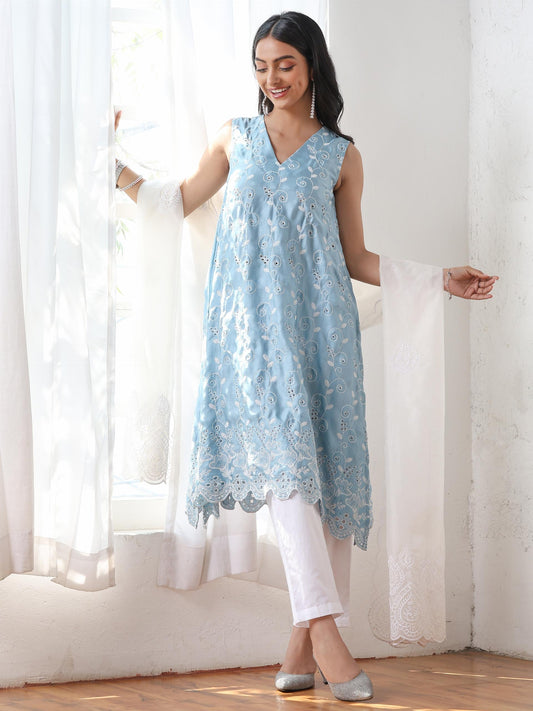 Dhiyona ST Women’s Blue Suit Set with White Pant | 2 Pc Set, A-Line, Allover Schiffli Embroidery, Sleeveless, Work Wear, Casual Wear (PRF'T Lux Duchess Satin Fabric)