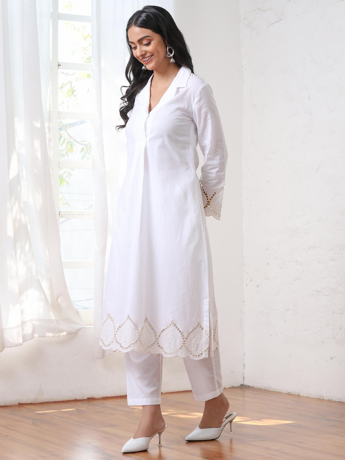 Dhiyona ST Women’s White Suit Set with Pant | 2 Pc Set, Cotton Cambric Fabric, Swiss Schiffli Embroidery on Hem, Full Sleeves, Work Wear, Casual
