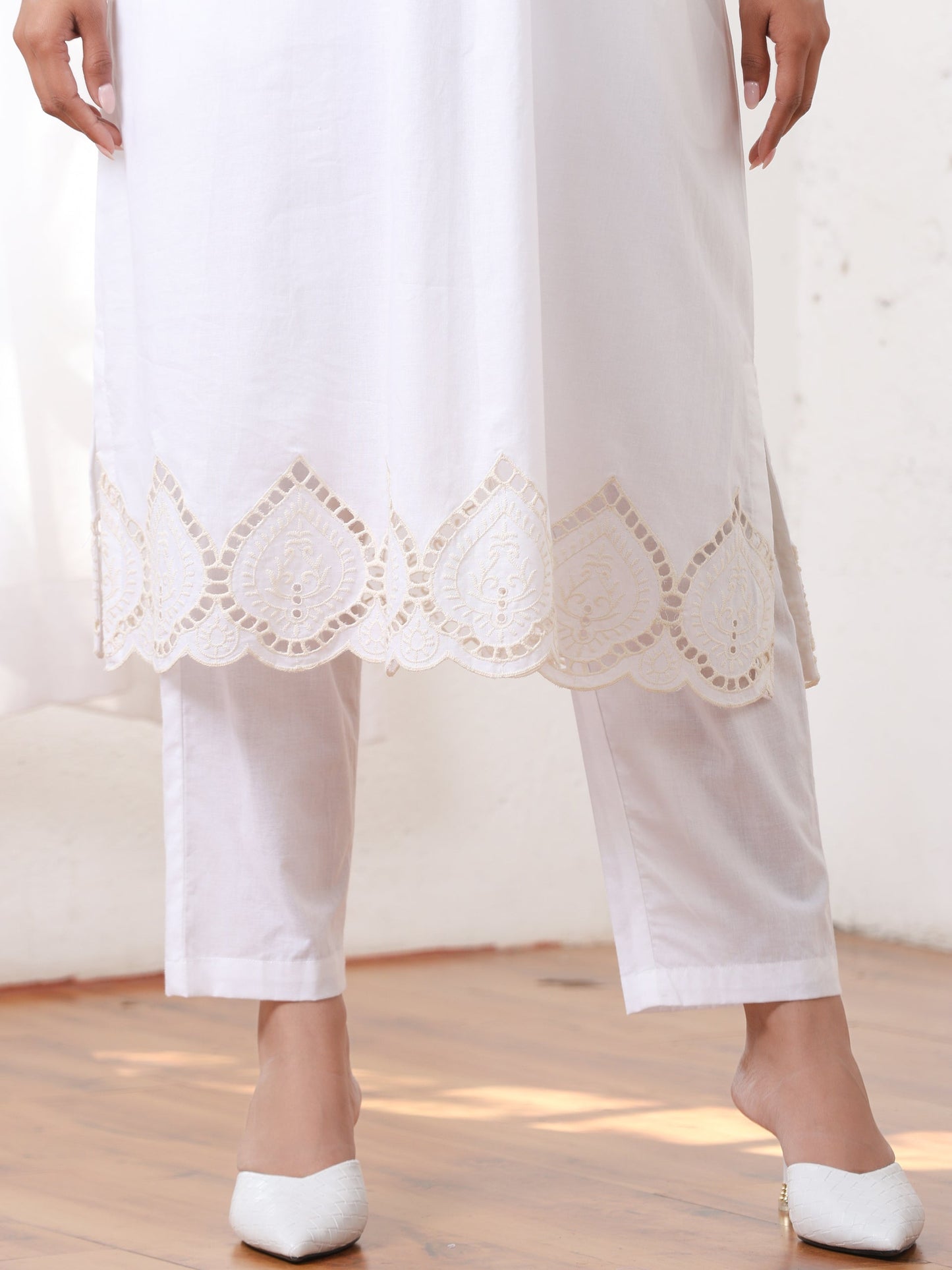Dhiyona ST Women’s White Collared Schiffli Kurta with Embroidery on Hem and Sleeve | 1 Pc, Schiffli Embroidery, Work Wear, Festive Party Wear (PRF'T Lux Duchess Cotton Fabric)
