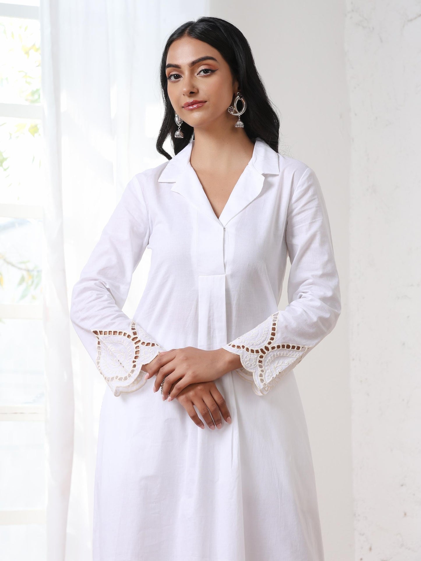 Dhiyona ST Women’s White Suit Set with Pant | 2 Pc Set, Cotton Cambric Fabric, Swiss Schiffli Embroidery on Hem, Full Sleeves, Work Wear, Casual