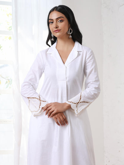 Dhiyona ST Women’s White Suit Set with Pant | 2 Pc Set, Cotton Cambric Fabric, Swiss Schiffli Embroidery on Hem, Full Sleeves, Work Wear, Casual