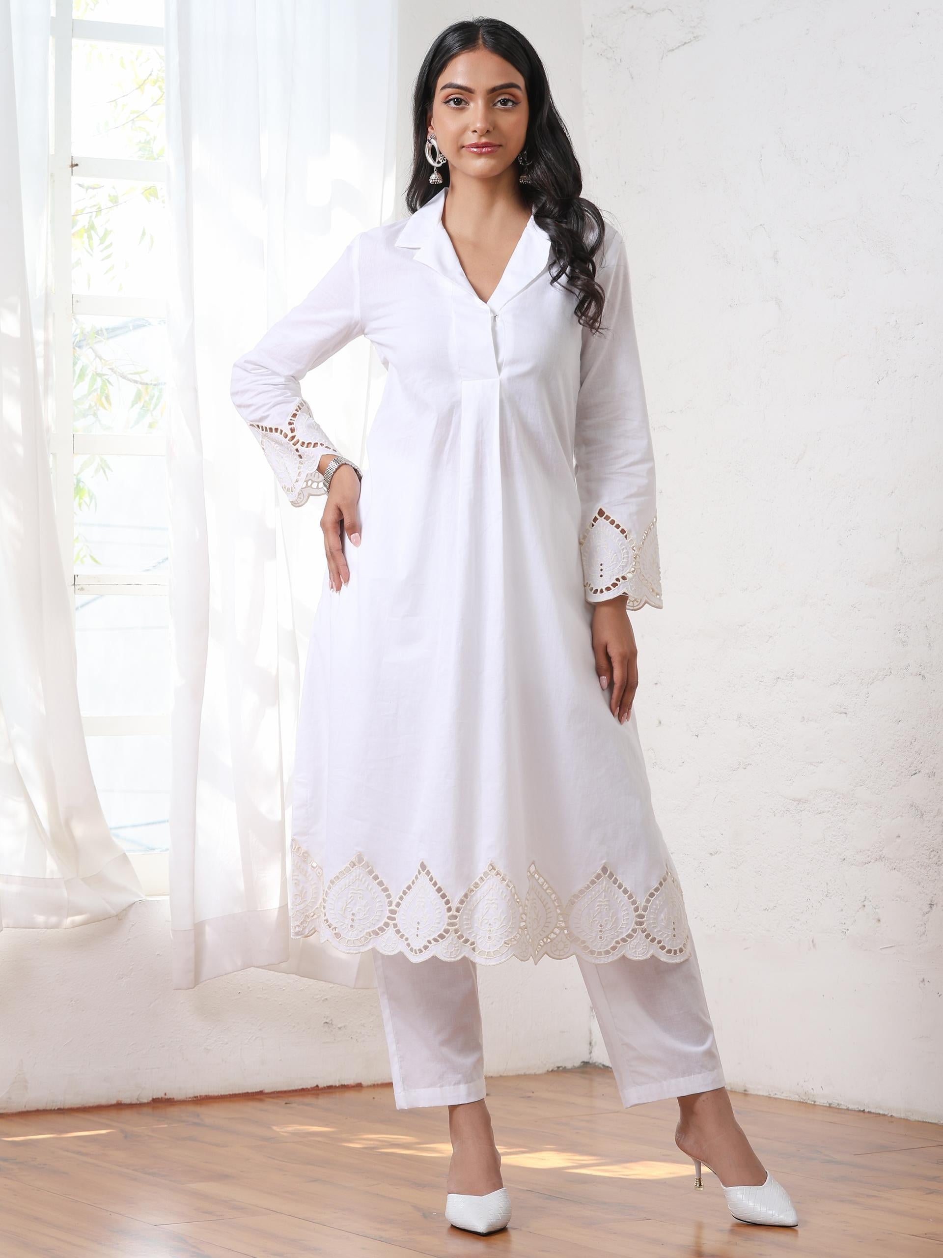 Dhiyona ST Women’s White Suit Set with Pant | 2 Pc Set, Cotton Cambric Fabric, Swiss Schiffli Embroidery on Hem, Full Sleeves, Work Wear, Casual