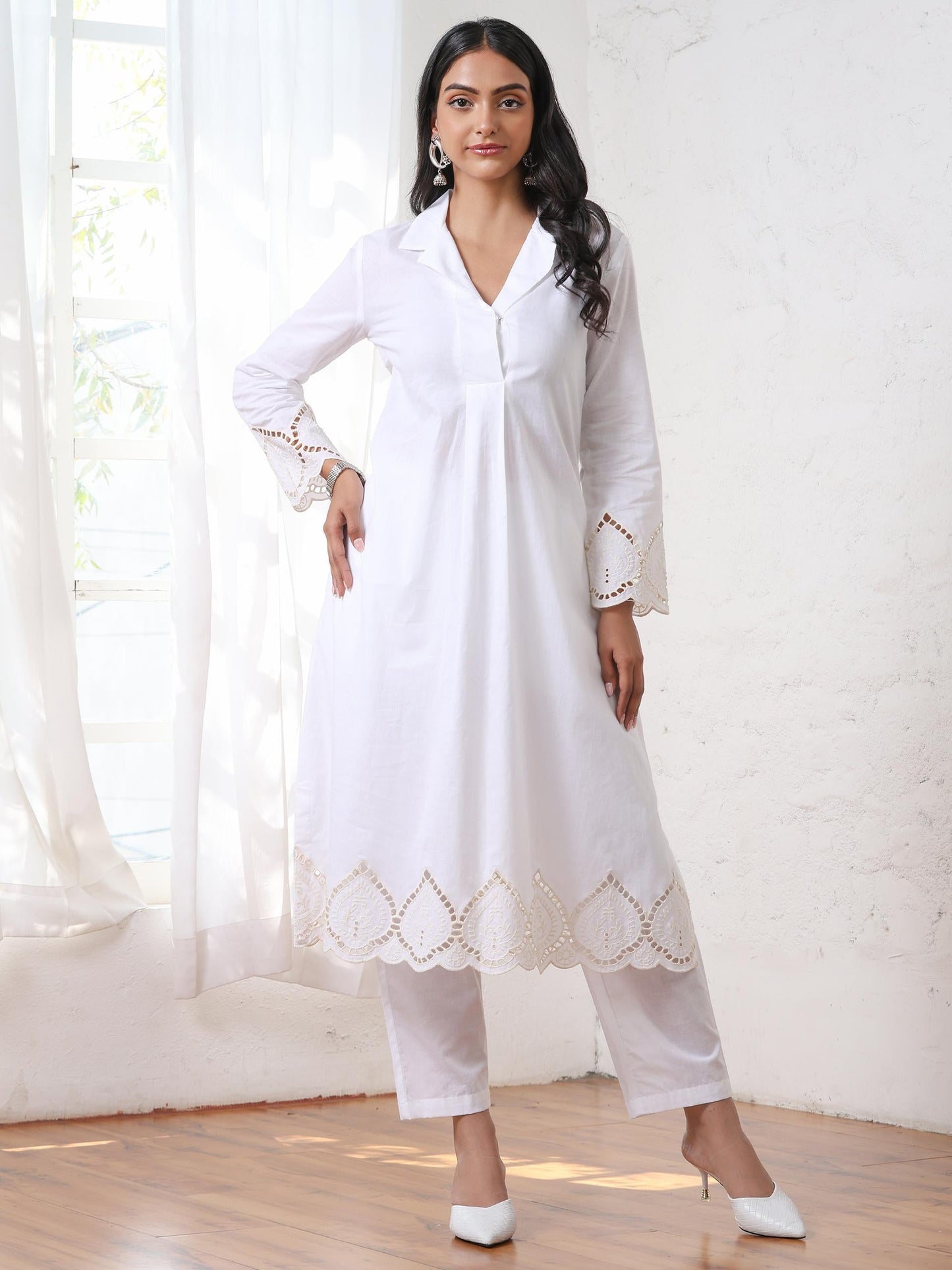 Dhiyona ST Women’s White Suit Set with Pant | 2 Pc Set, Cotton Cambric Fabric, Swiss Schiffli Embroidery on Hem, Full Sleeves, Work Wear, Casual