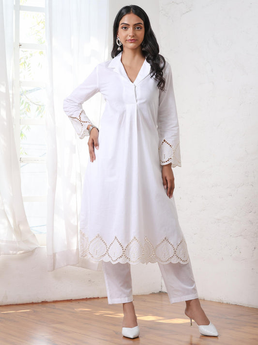 Dhiyona ST Women’s White Suit Set with Pant | 2 Pc Set, Cotton Cambric Fabric, Swiss Schiffli Embroidery on Hem, Full Sleeves, Work Wear, Casual