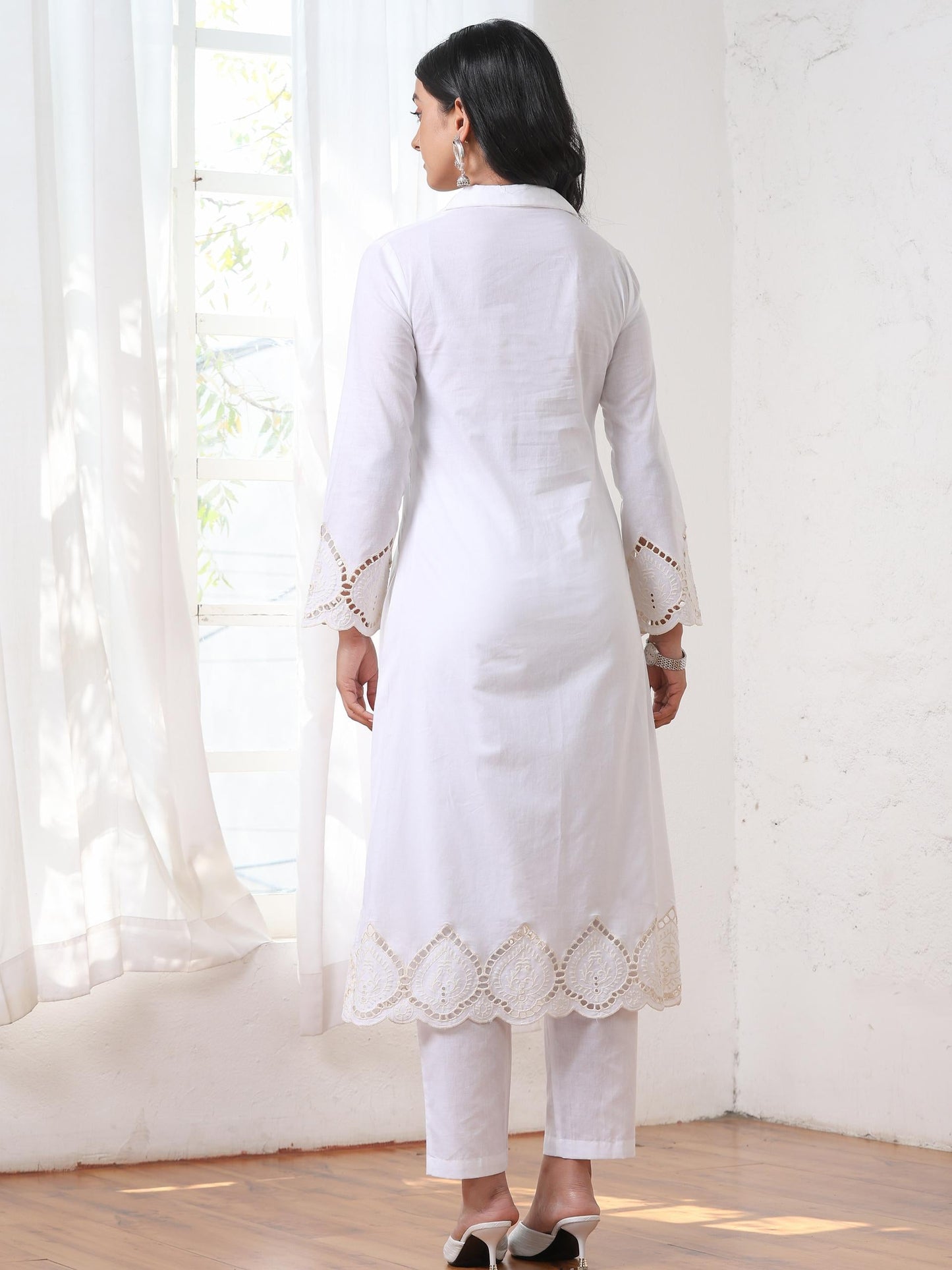 Dhiyona ST Women’s White Suit Set with Pant | 2 Pc Set, Cotton Cambric Fabric, Swiss Schiffli Embroidery on Hem, Full Sleeves, Work Wear, Casual